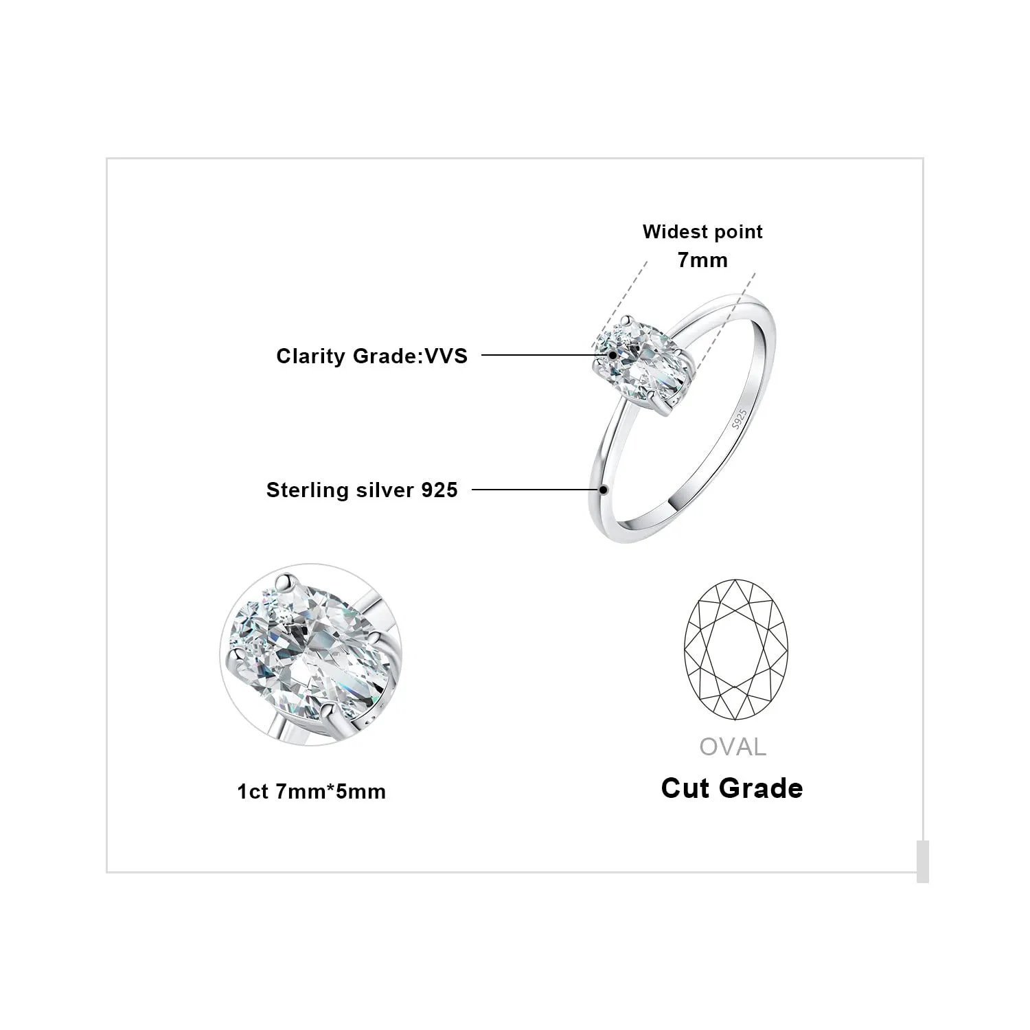 JewelryPalace 1-2ct Anello Solitario Ovale Argento