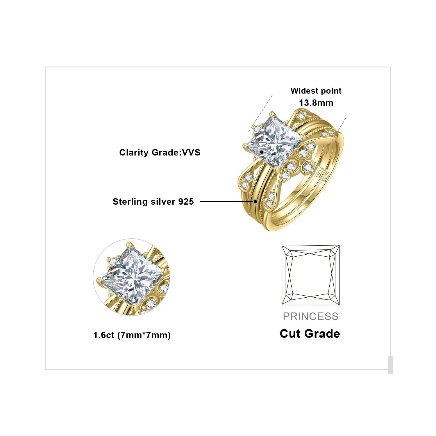 JewelryPalace Vintage Anello Principessa Oro Zirconia 2ct