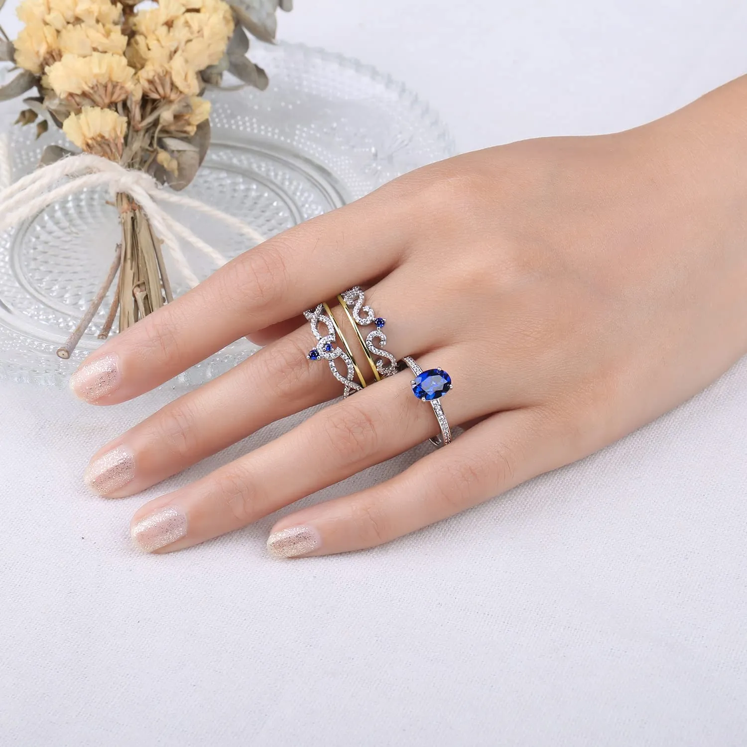 JewelryPalace Corona Ovale anello argento zaffiro blu creato