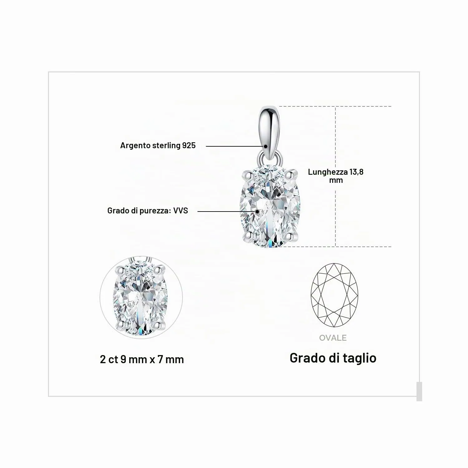 JewelryPalace Solitario Collana Argento 925 Zirconia 2ct Ovale
