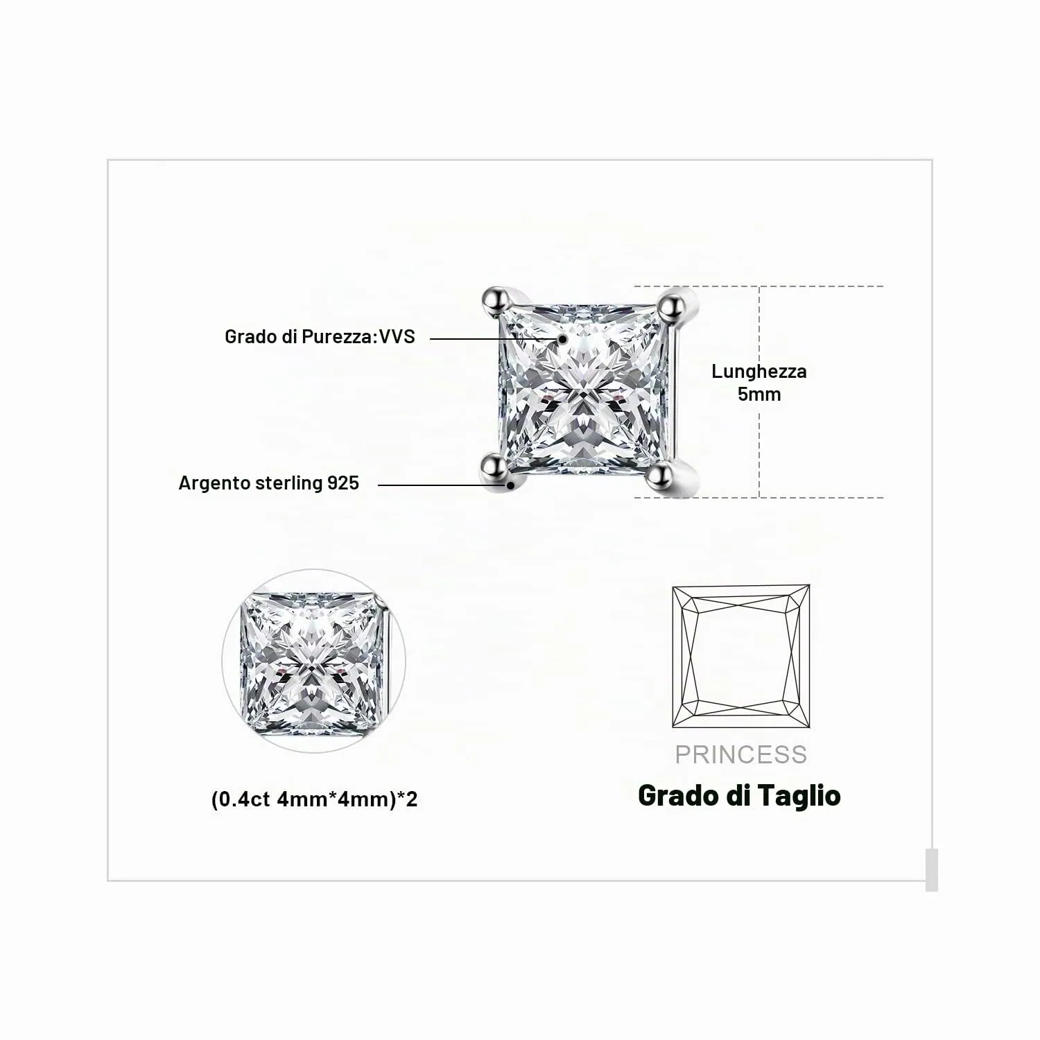 JewelryPalace 0.8ct orecchini lobo argento 925 taglio principessa