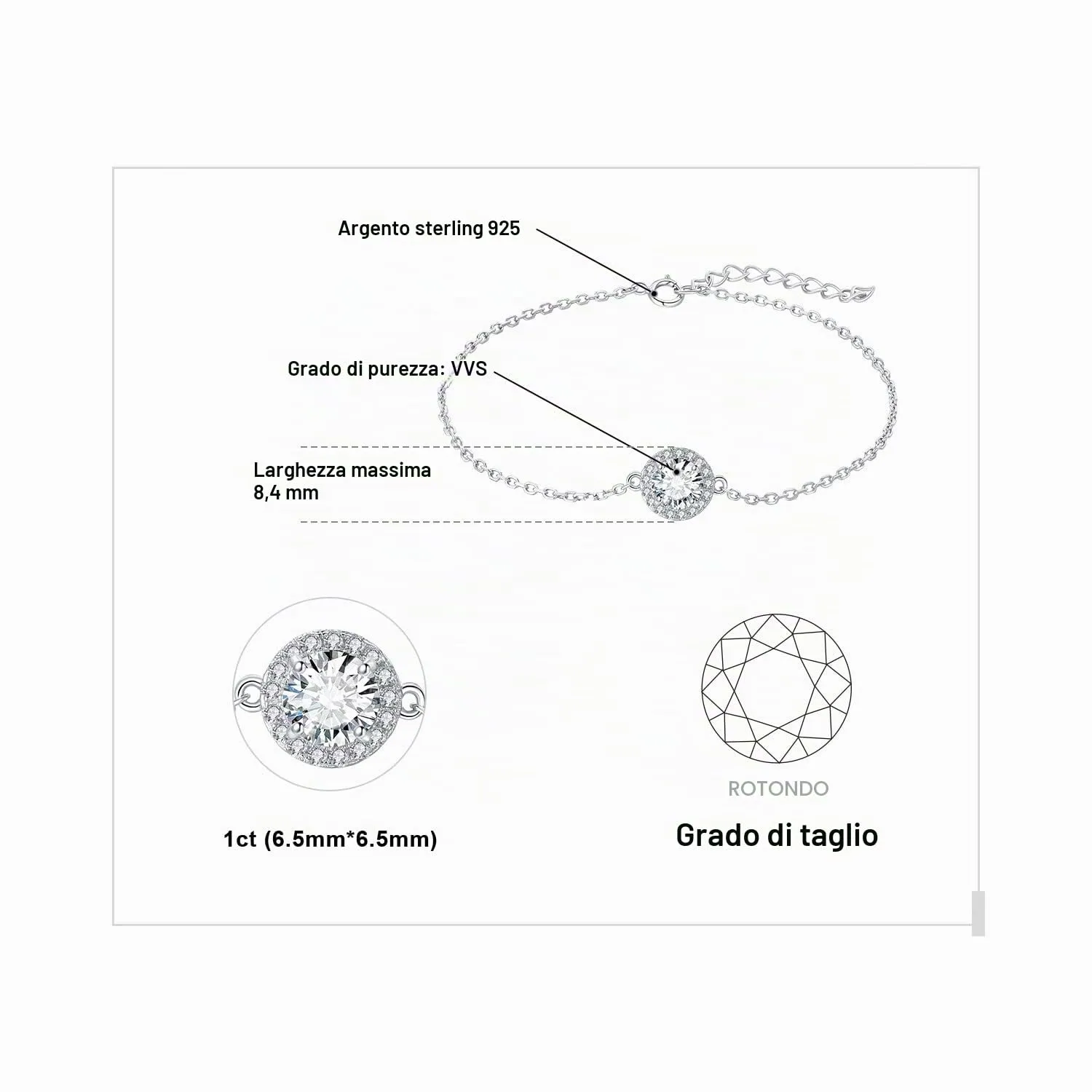 JewelryPalace bracciale halo zirconia bianca argento 1ct