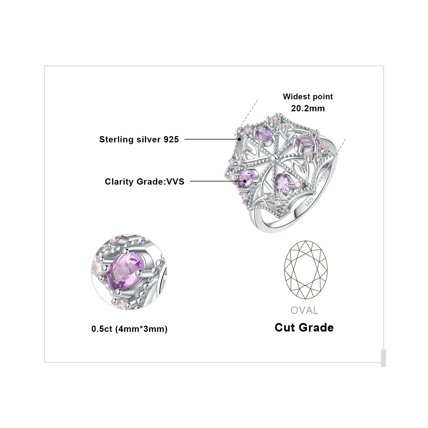 JewelryPalace Vintage anello farfalla ametista viola argento 925