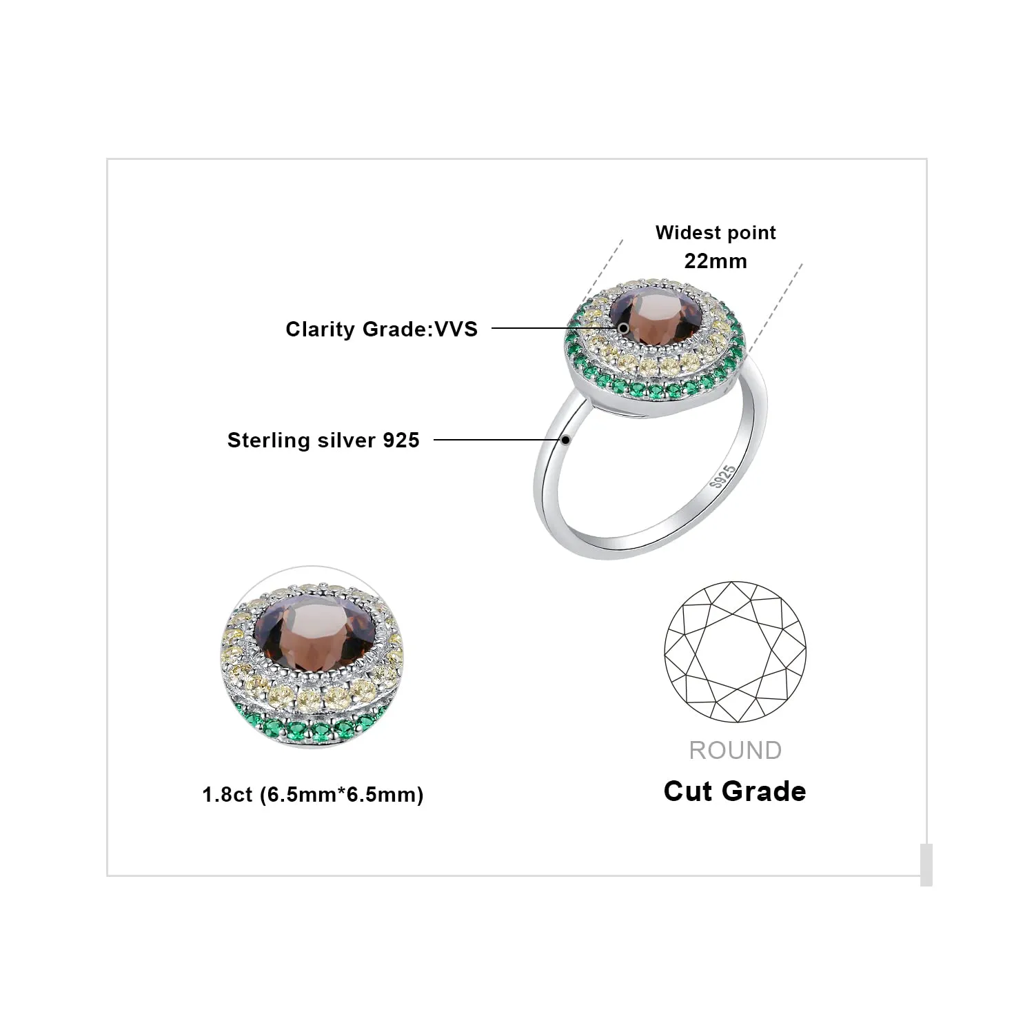 JewelryPalace Halo Avocado Anello Argento 925 Quarzo 2ct