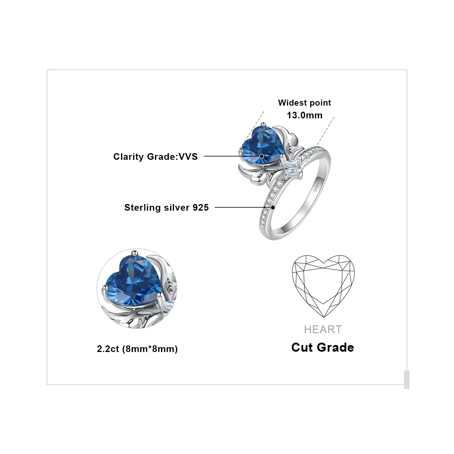 JewelryPalace Anello Ali Angelo Cuore Zirconia Blu 2.2ct Argento