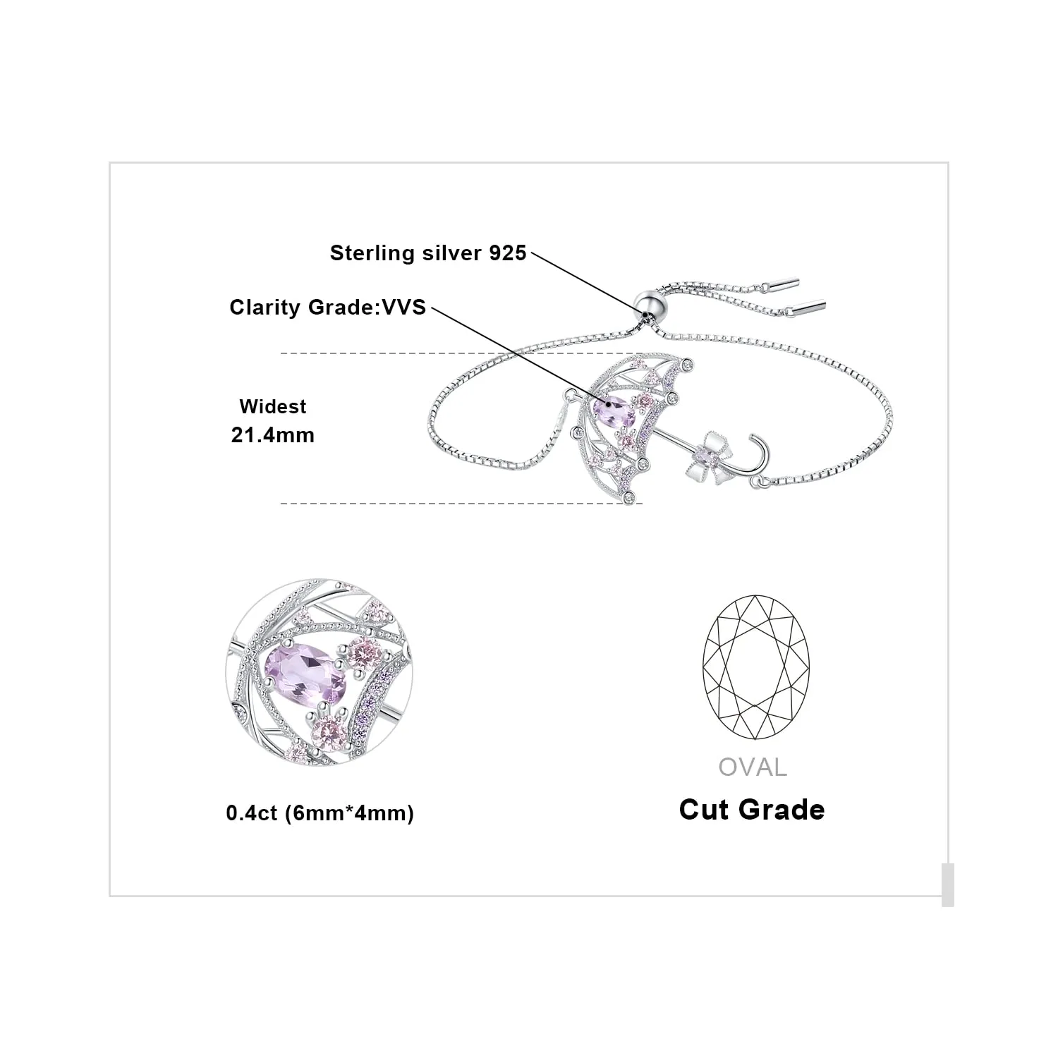 JewelryPalace Farfalla bracciale argento ametista regolabile
