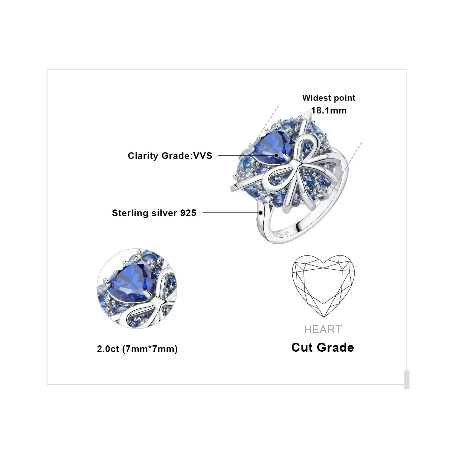 JewelryPalace Cuore 5ct anello zirconia blu argento