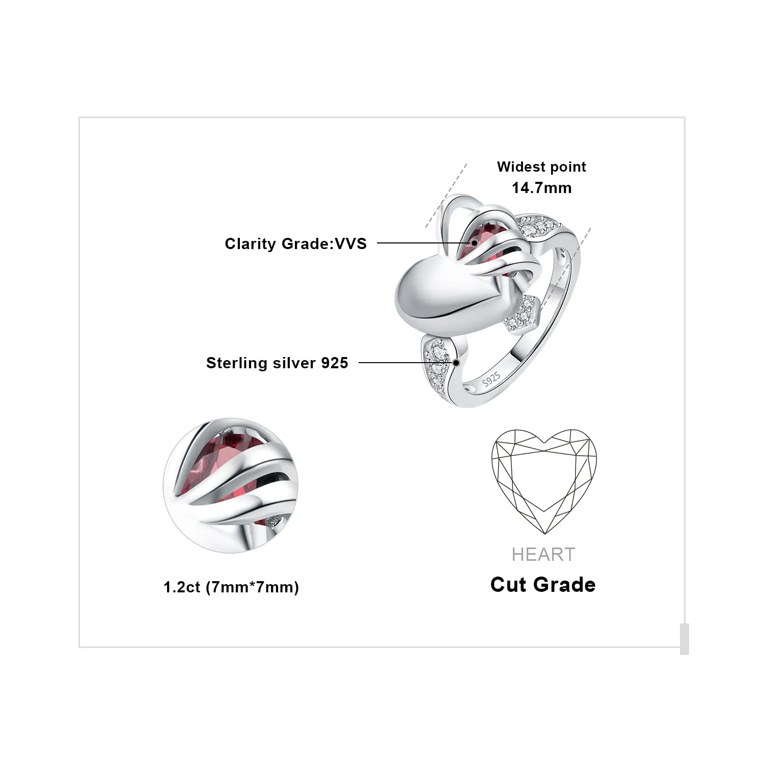 JewelryPalace Cuore Granato anello argento pietra rossa