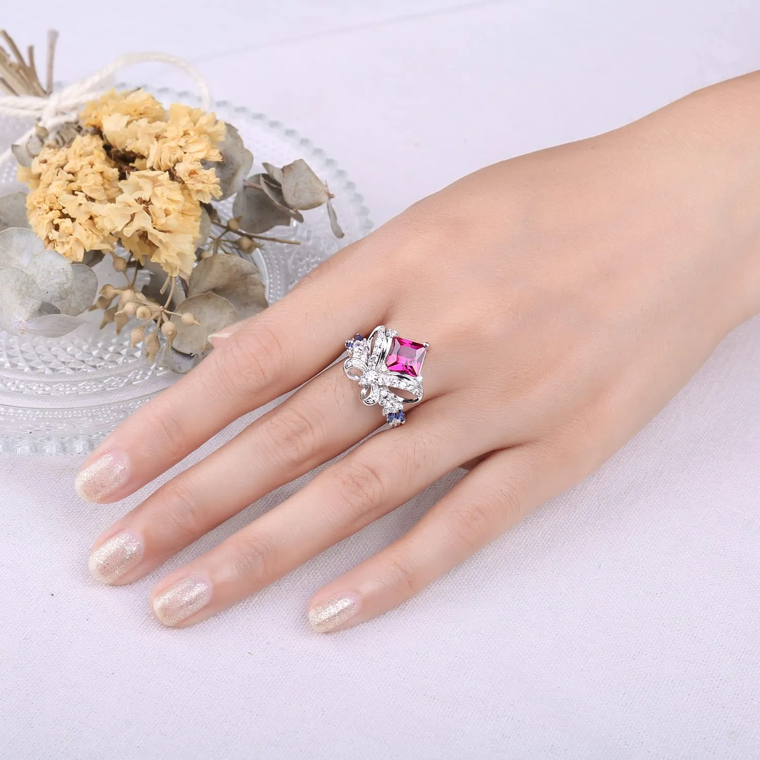 JewelryPalace Farfalla Anello Argento Zaffiro Rosa-Blu 3.1ct