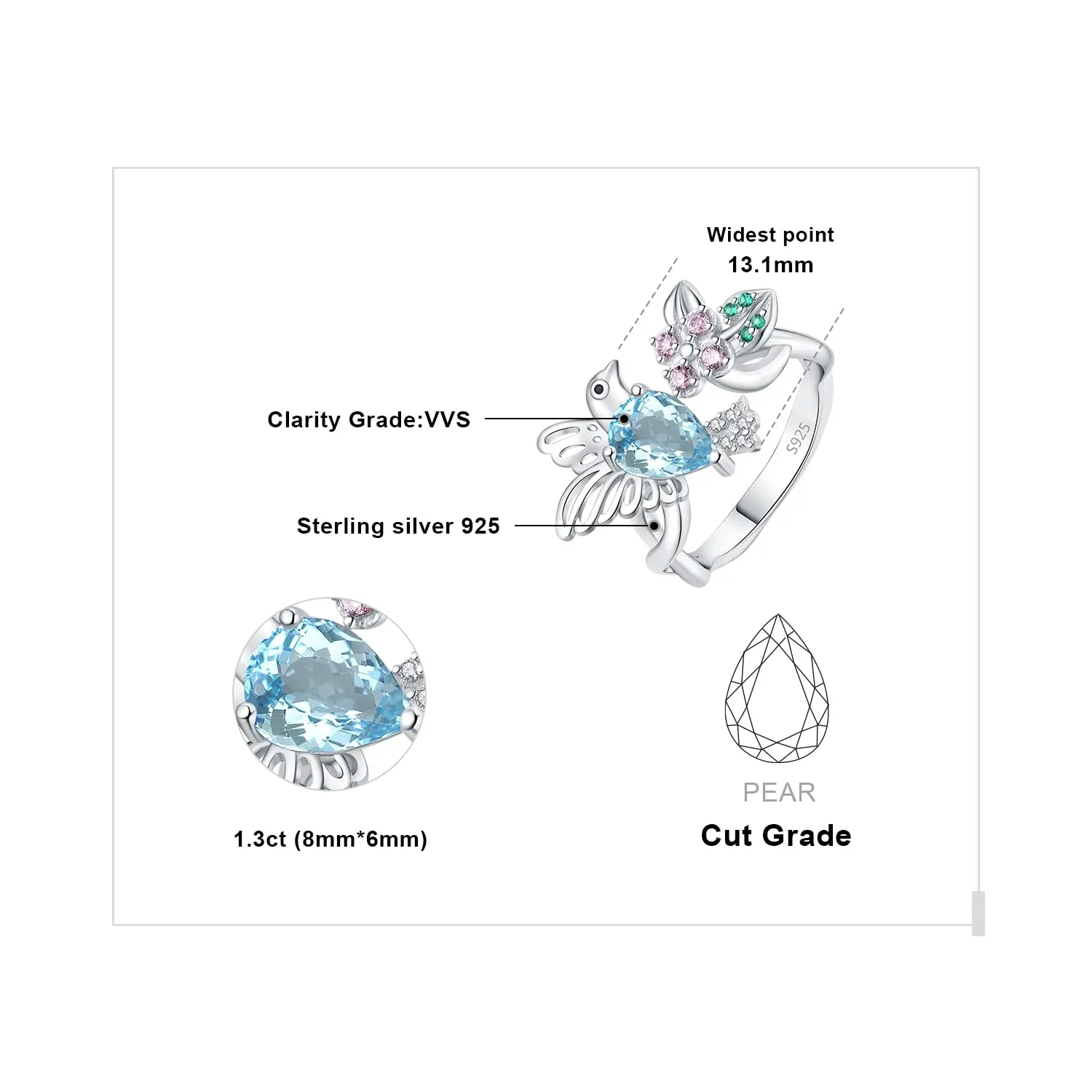 JewelryPalace Colibrì Infinito anello topazio azzurro