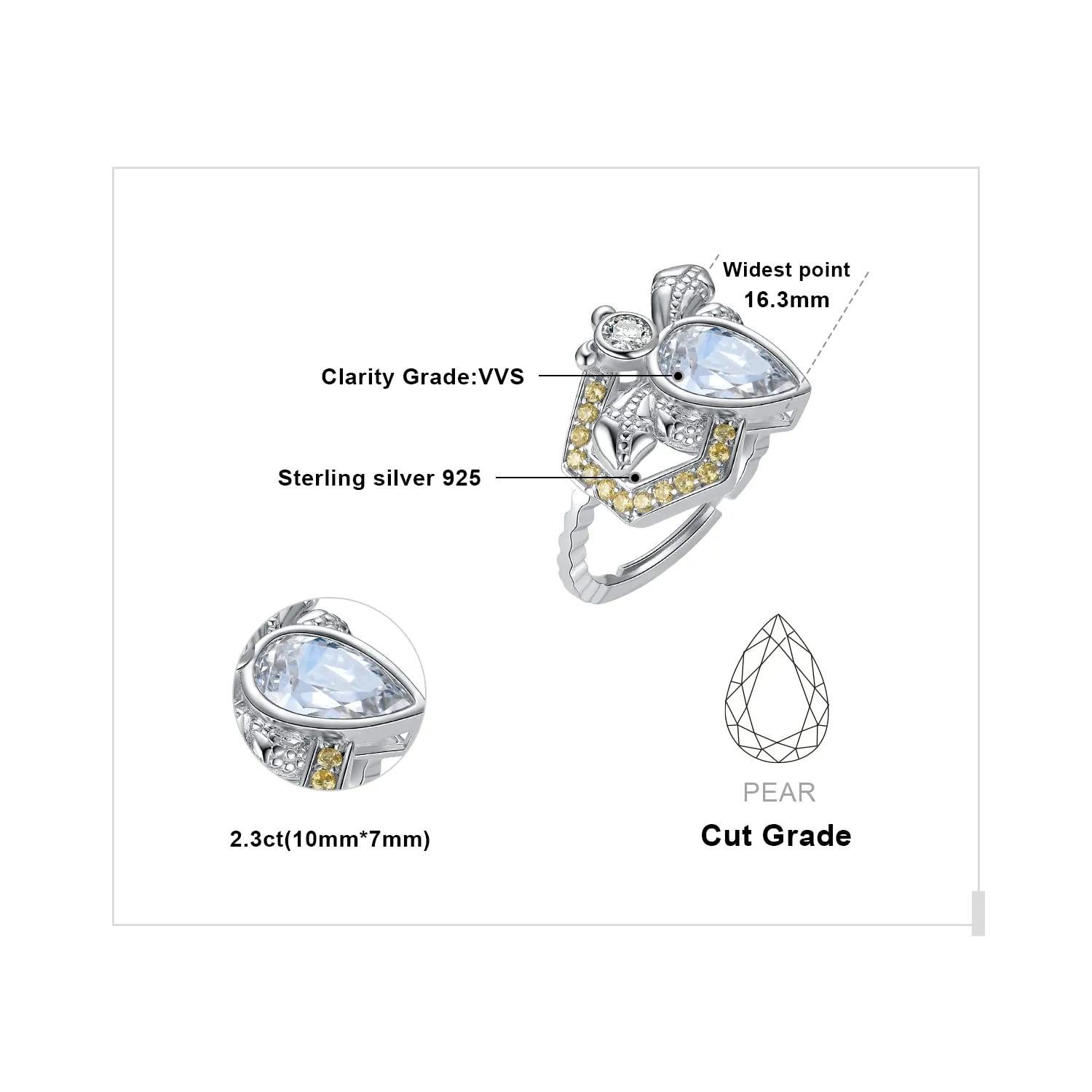 JewelryPalace Ape anello argento 925 zirconia gialla 2.3ct