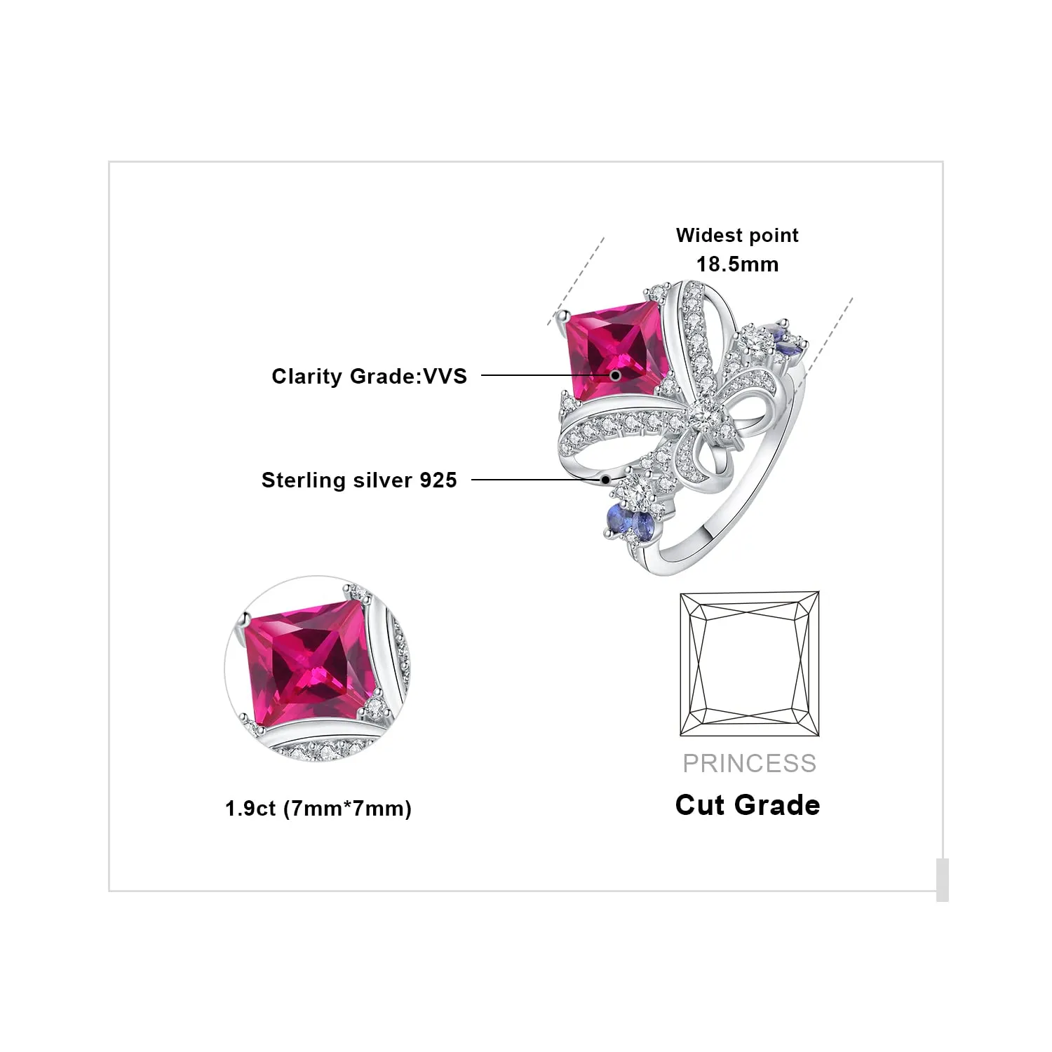 JewelryPalace Farfalla Anello Argento Zaffiro Rosa-Blu 3.1ct