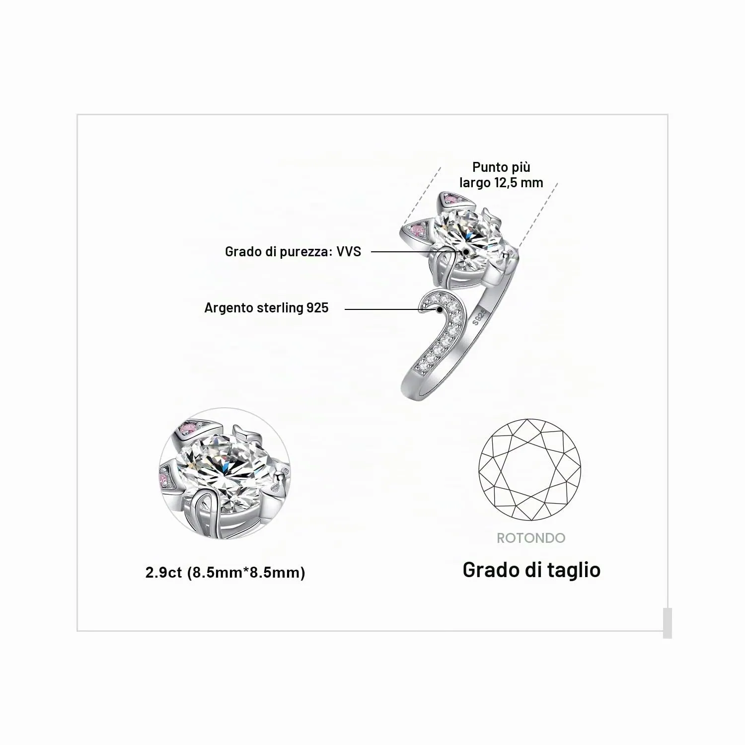 JewelryPalace Gatto anello regolabile argento zirconi rosa