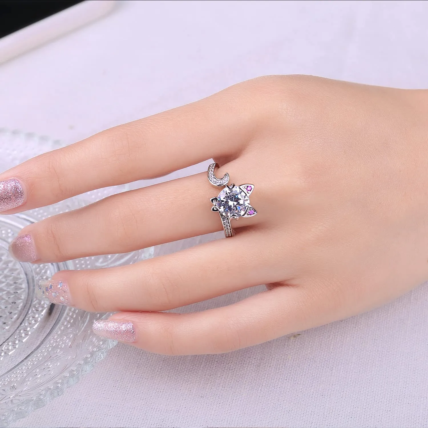 JewelryPalace Gatto anello regolabile argento zirconi rosa