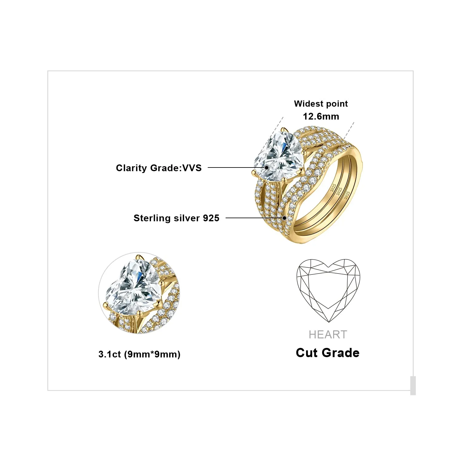 JewelryPalace 3ct Classici Cuore Anello Argento Misura 14.5