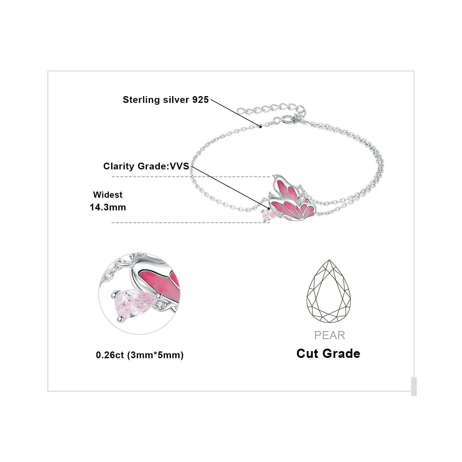 JewelryPalace Farfalla 0.3ct bracciale argento 925 zirconia rosa