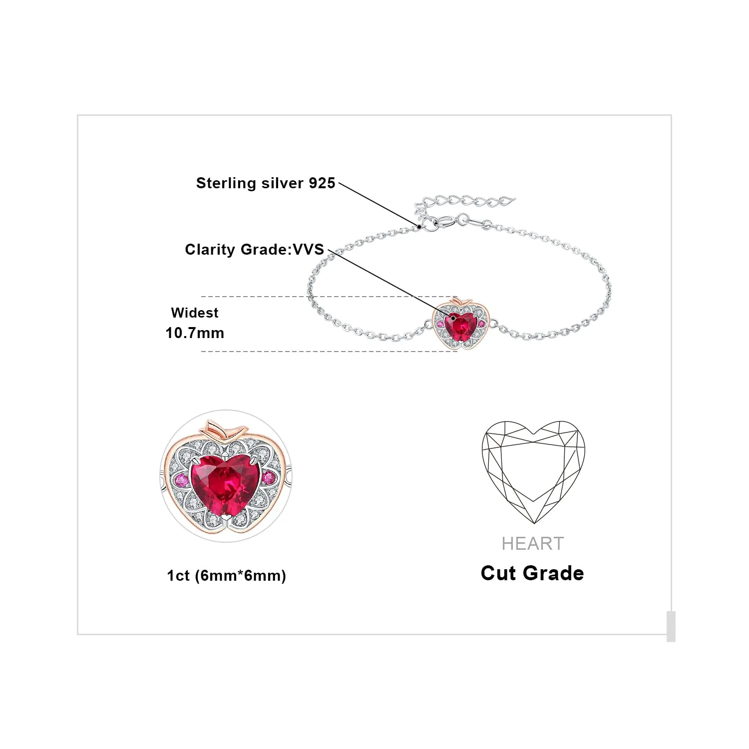 JewelryPalace Mela Cuore 1ct Bracciale Argento Rubino Rosso