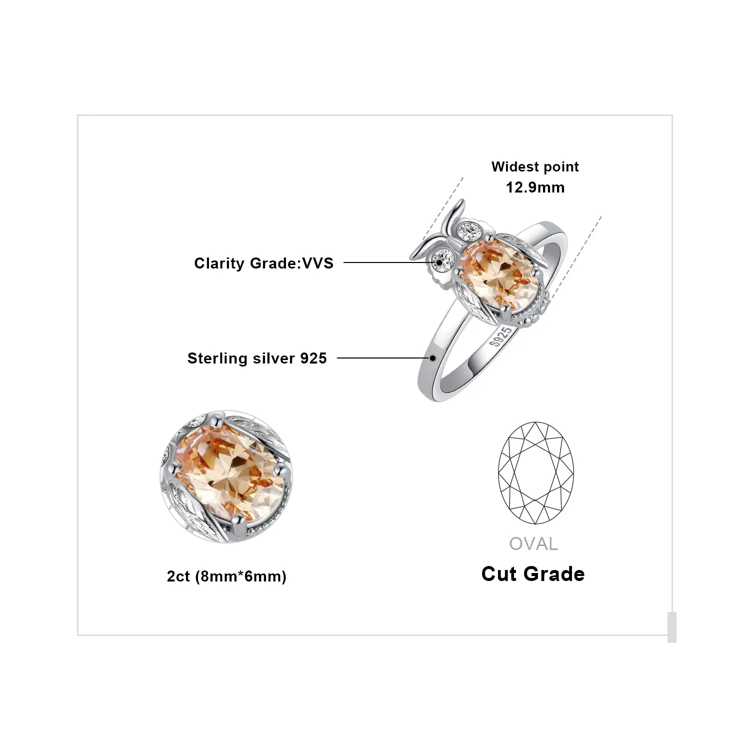 JewelryPalace Gufo anello zirconia gialla ovale argento 925