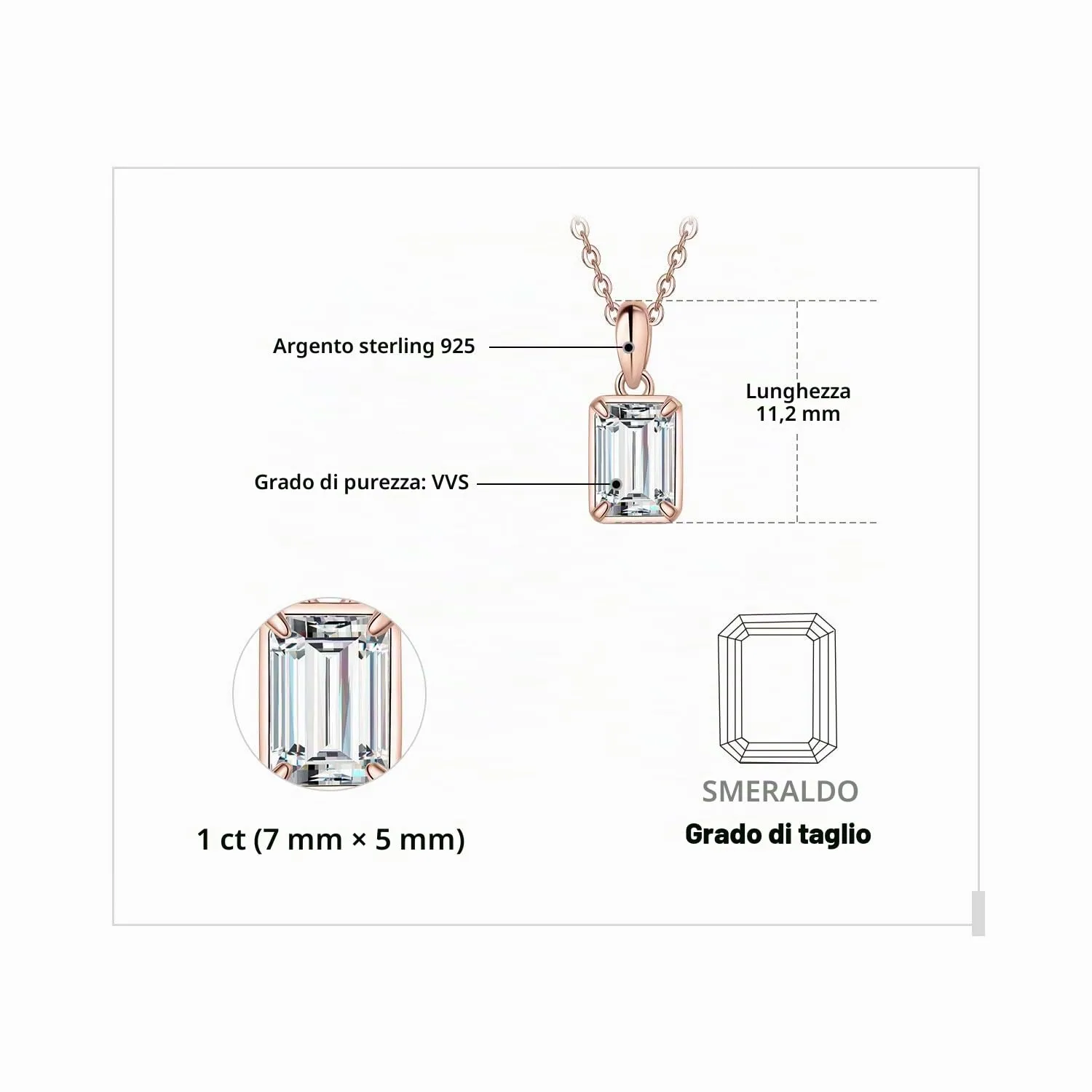 JewelryPalace 1ct Collana Solitario Moissanite Oro Rosa 45cm