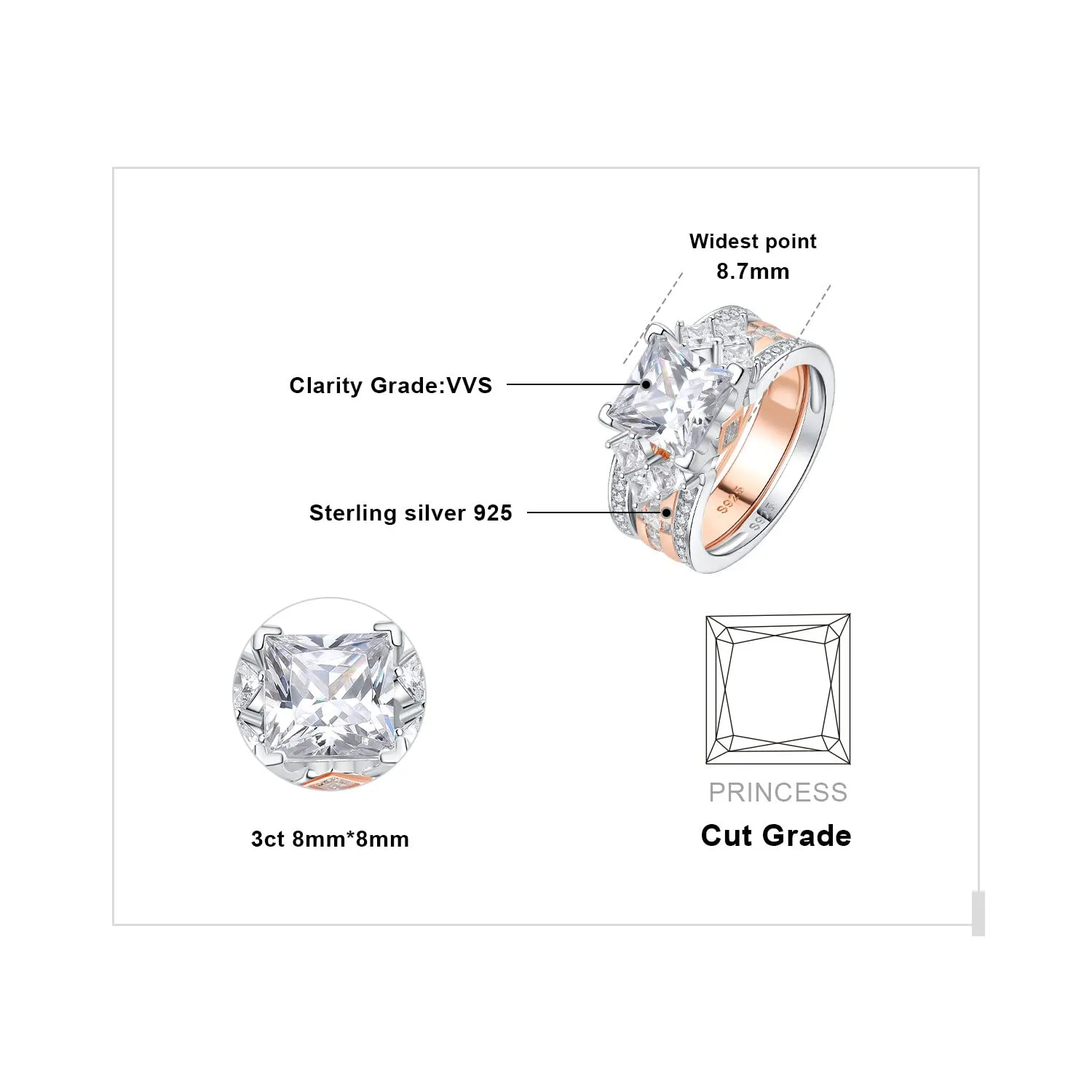 JewelryPalace Classico 3ct Principessa anello oro rosa zirconia