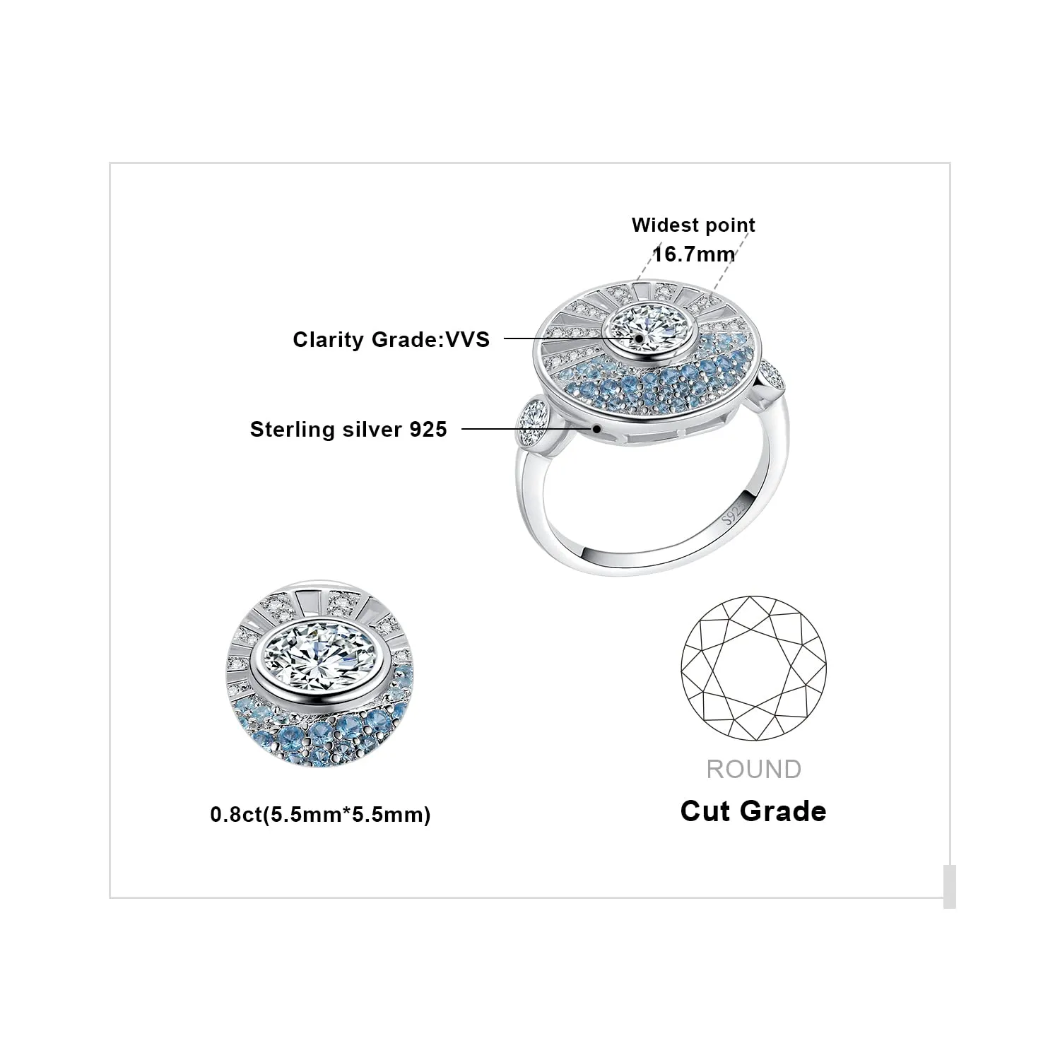 JewelryPalace Sole Anello Argento 925 Zirconia Azzurra 0.6ct