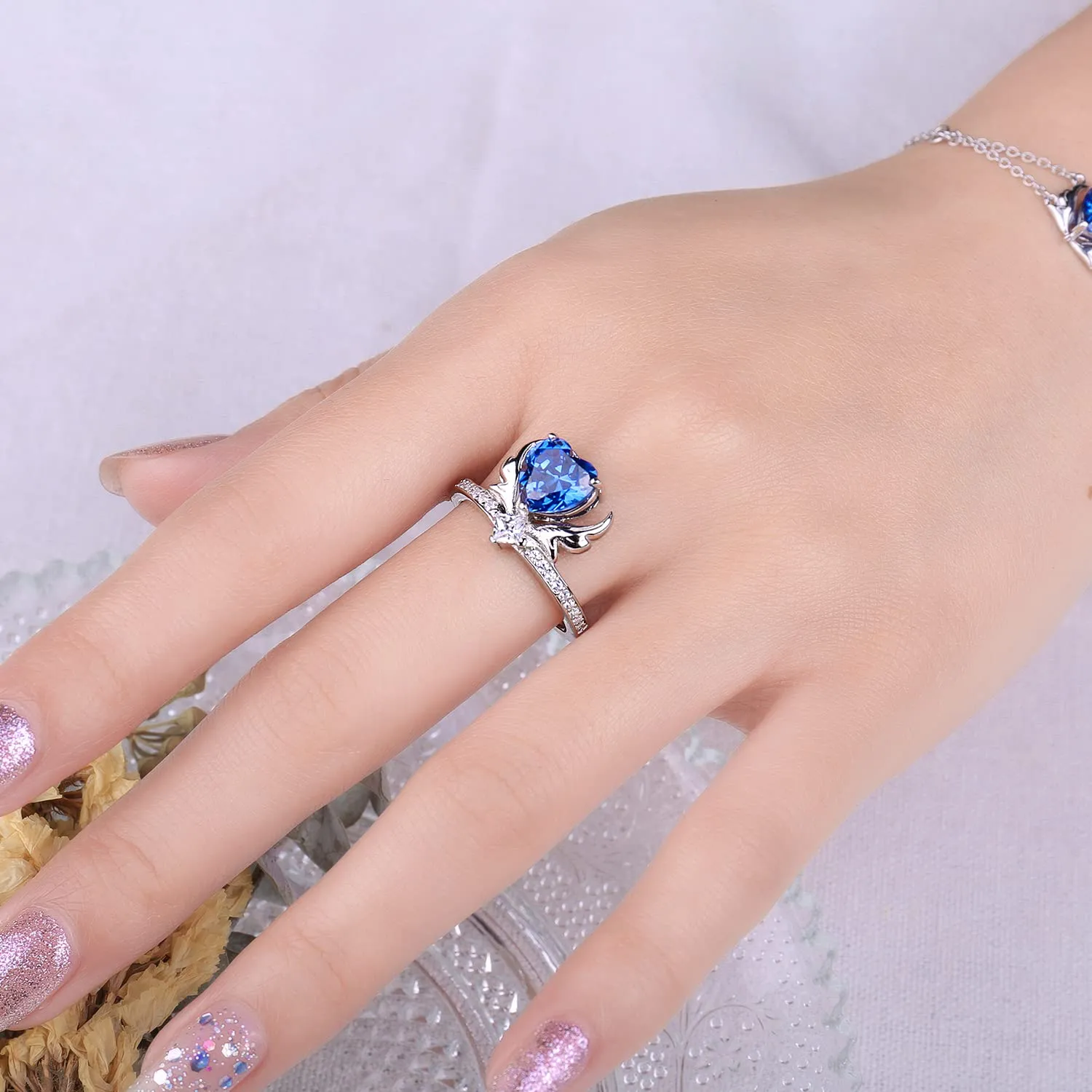 JewelryPalace Anello Ali Angelo Cuore Zirconia Blu 2.2ct Argento