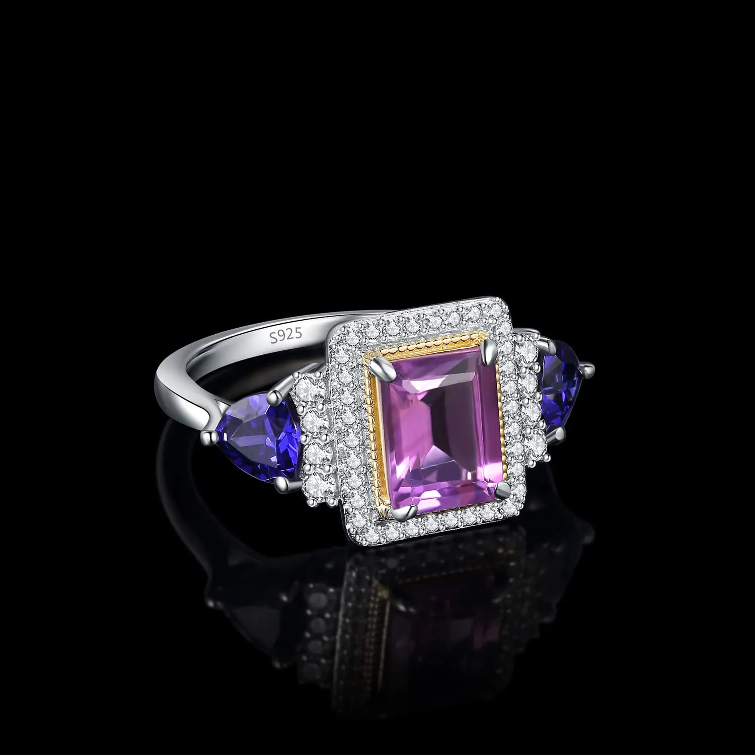 JewelryPalace Halo Anello Argento 925 Ametista Viola Taglio Smeraldo