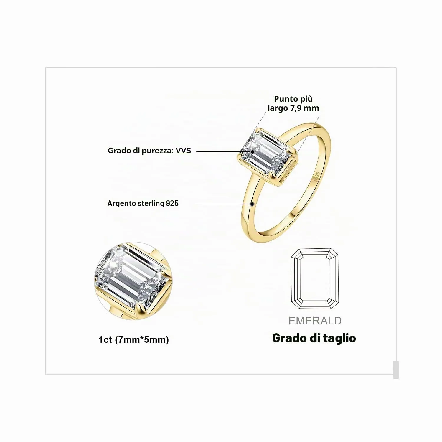 JewelryPalace Solitario Anello Argento Moissanite Smeraldo Mis.18.5