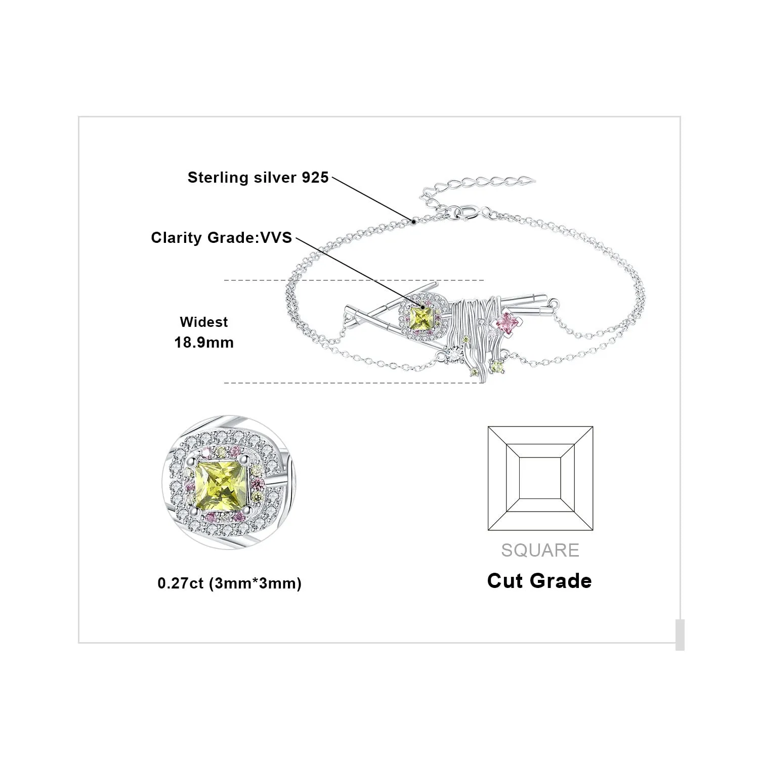 JewelryPalace Sushi 1.1ct bracciale argento zirconia quadrata