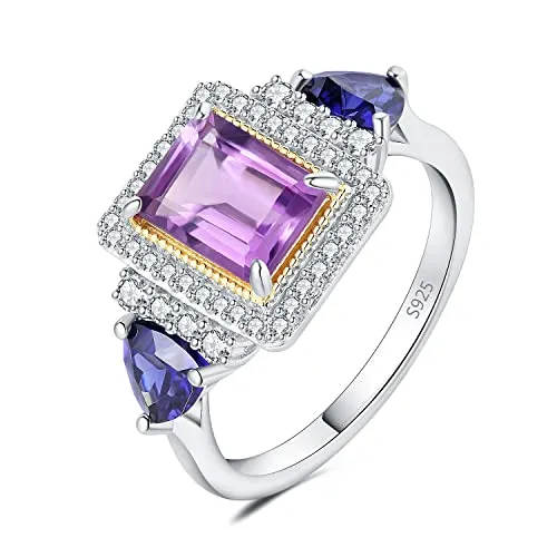 JewelryPalace Halo Anello Argento 925 Ametista Viola Taglio Smeraldo