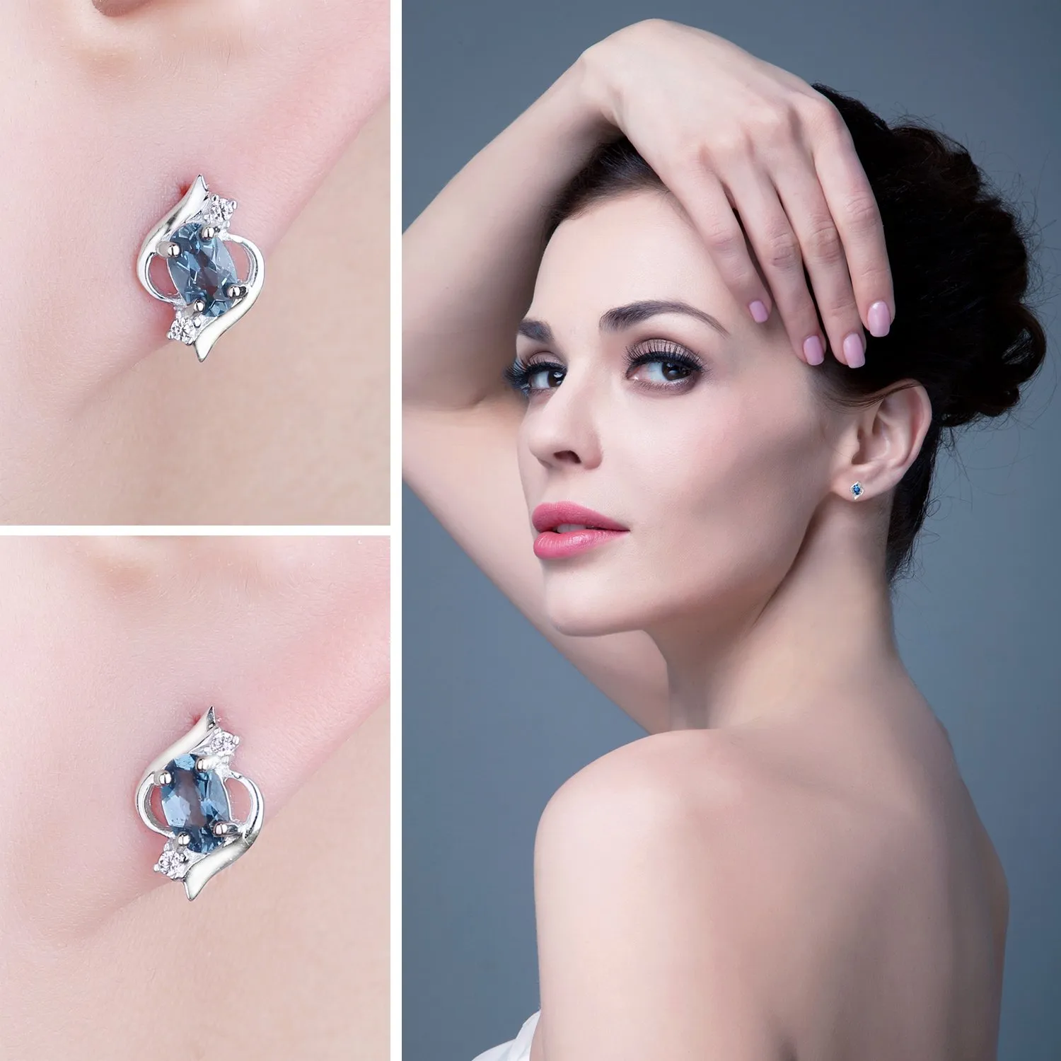 JewelryPalace Orecchini Bottone Argento Topazio Blu 1ct Ovale