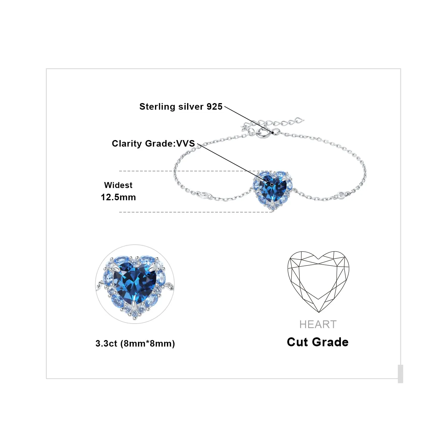 JewelryPalace Cuore 4.1ct Bracciale Argento 925 Zirconia Blu