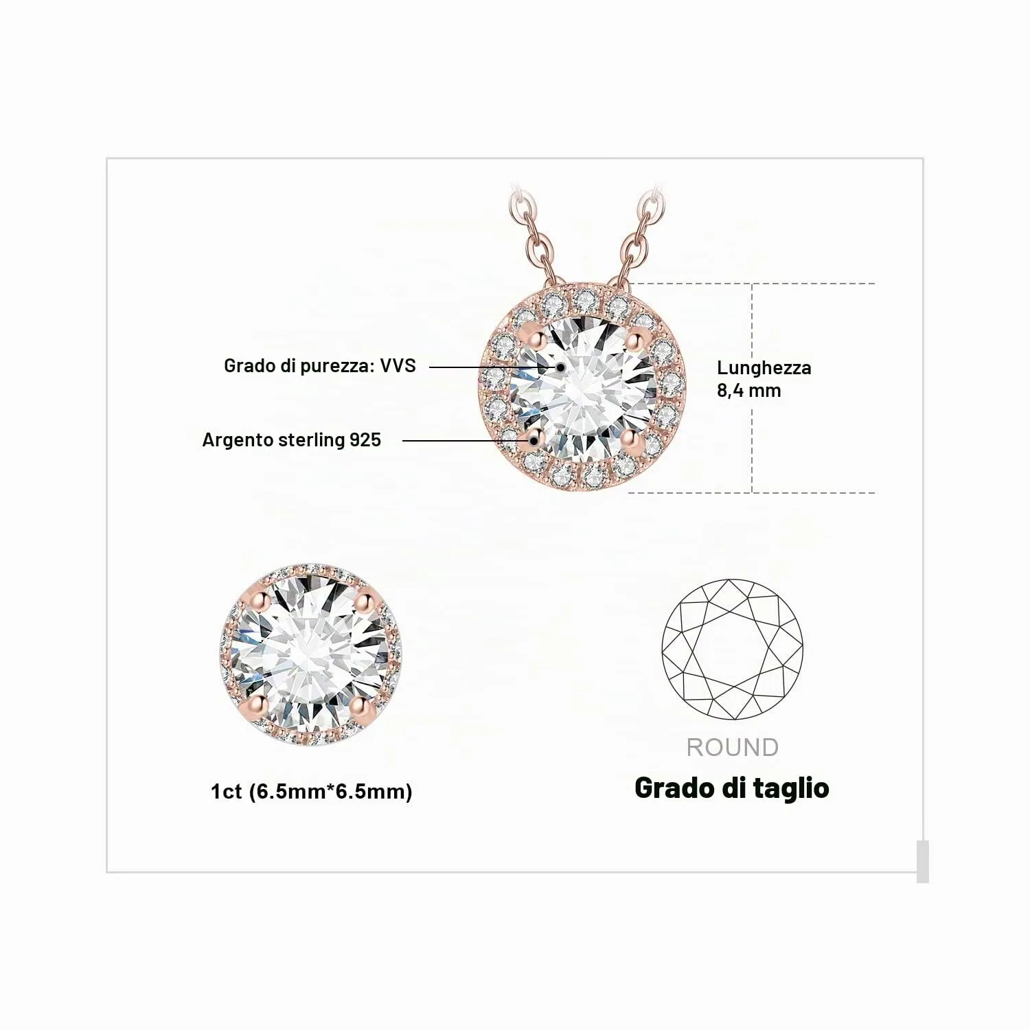 JewelryPalace Halo 1ct collana oro rosa zirconia 45cm