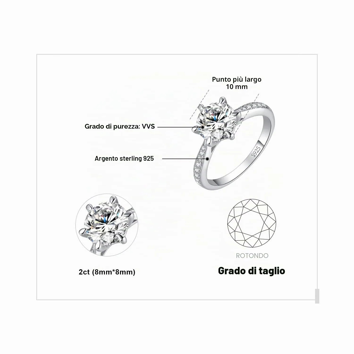 JewelryPalace Classico Solitario Anello Argento 925 zirconia 1ct