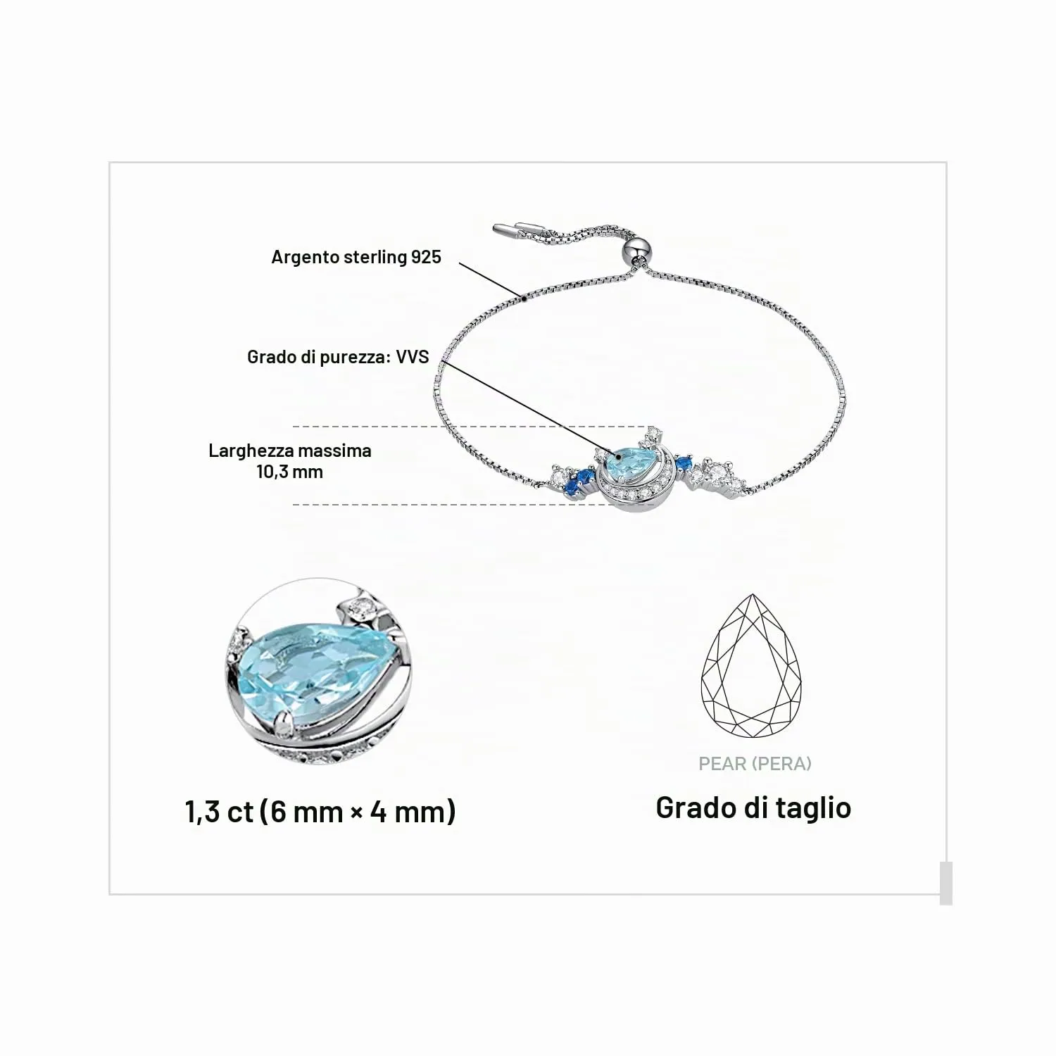 JewelryPalace Luna Stella Bracciale Argento 925 Topazio Blu