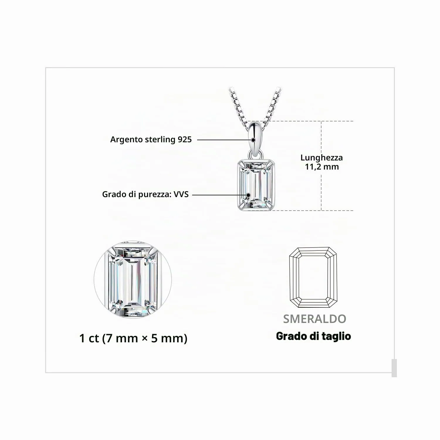 JewelryPalace Solitario Collana Argento 925 zirconia taglio smeraldo