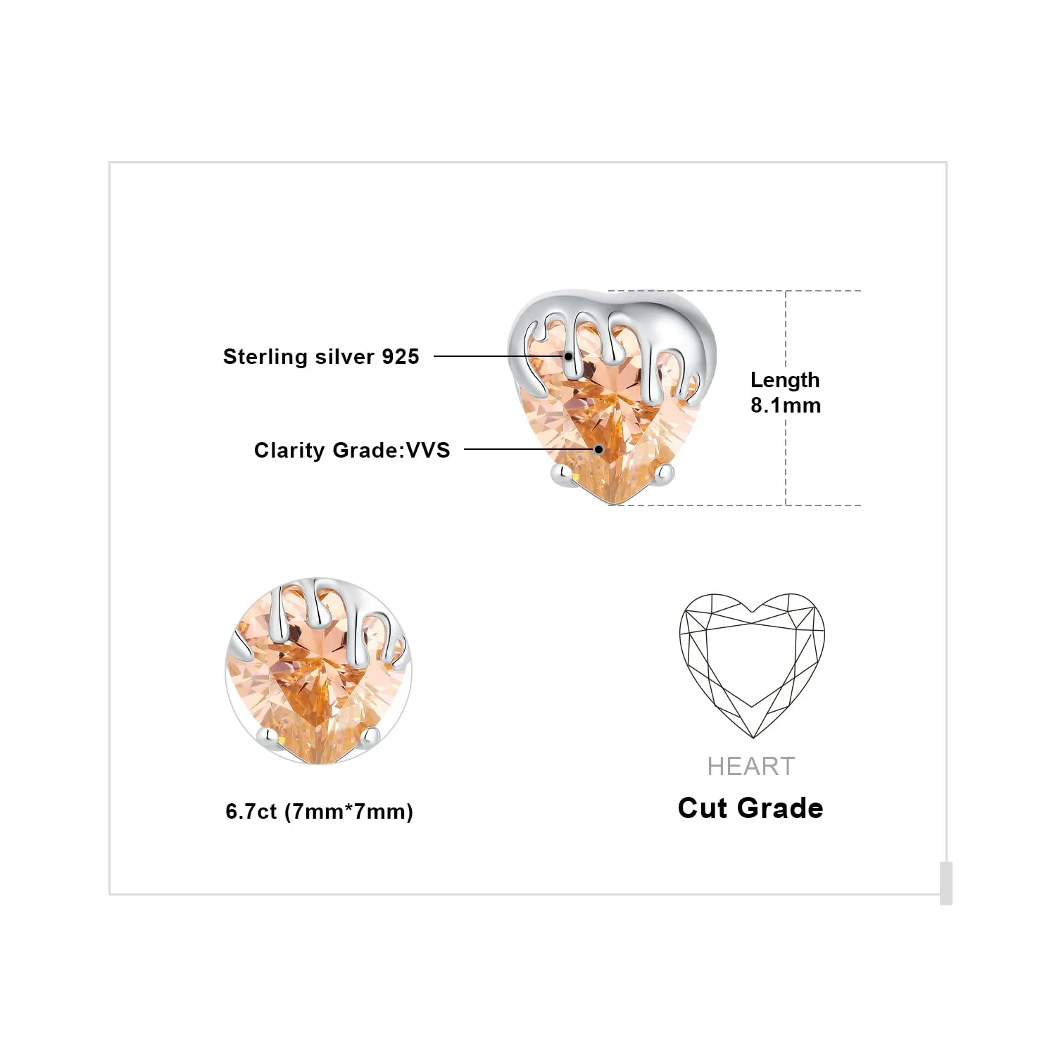 JewelryPalace Ape 9.2ct Orecchini Bottone Argento Cuore Arancione
