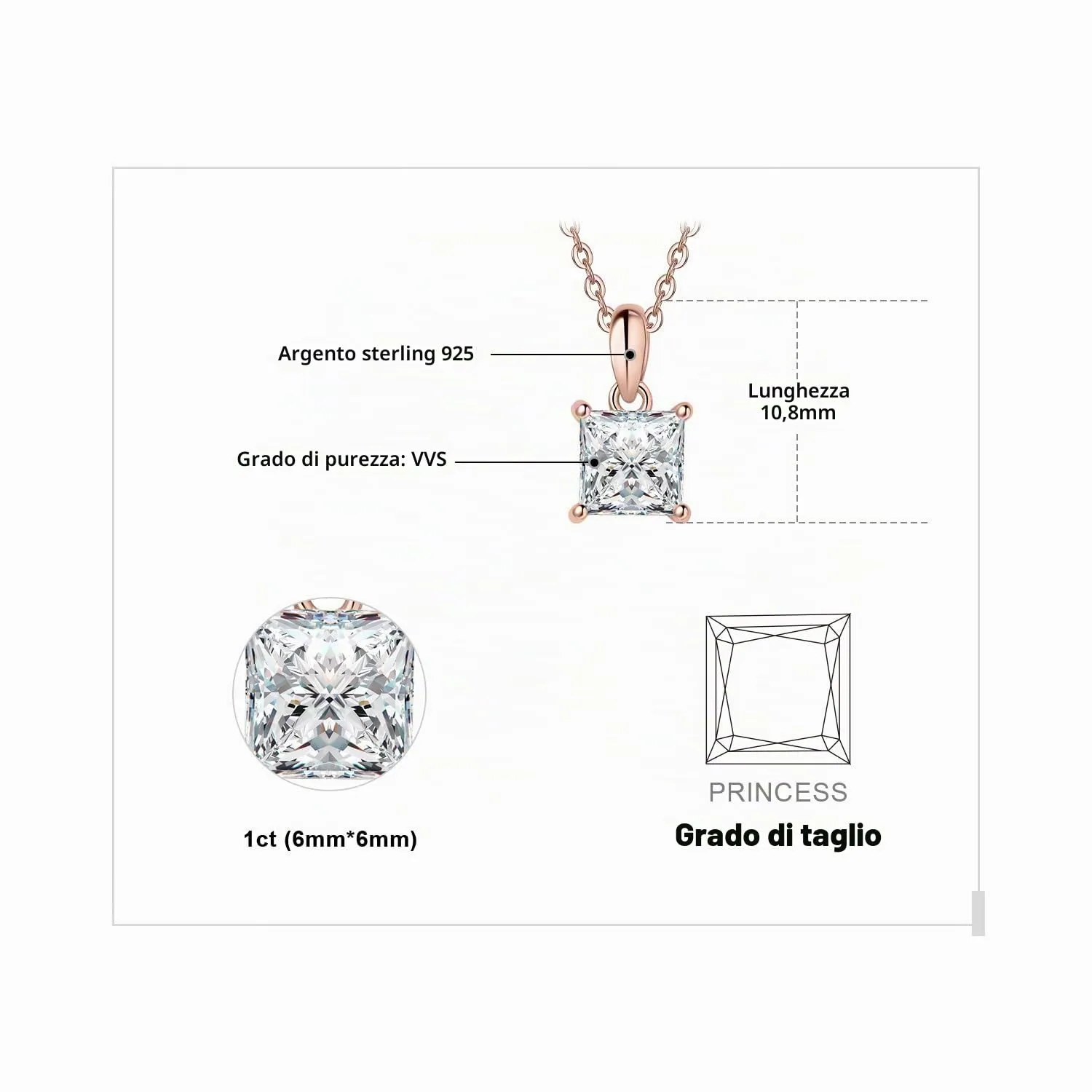 JewelryPalace Solitario 1ct collana moissanite oro rosa