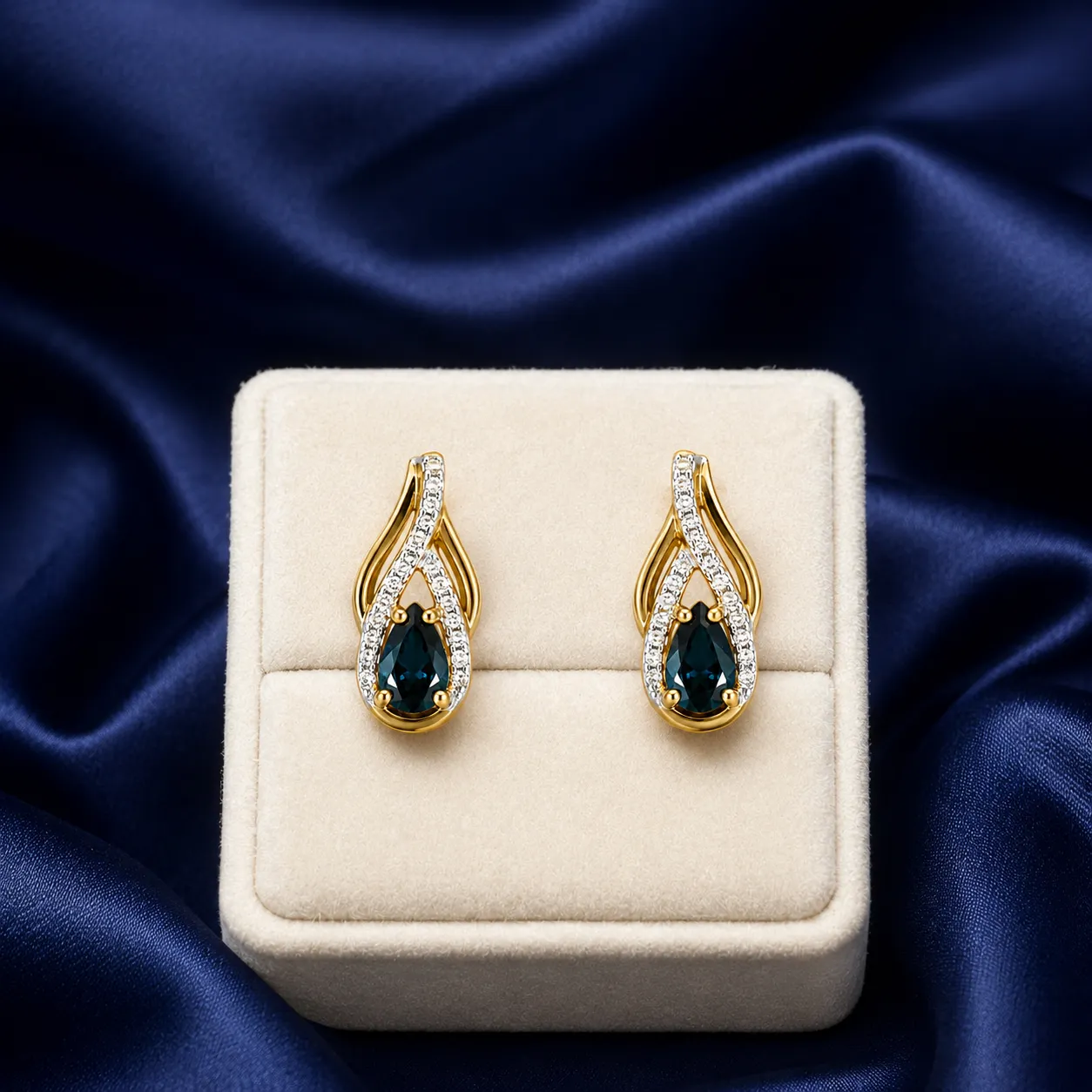 Victoria Jane Pear Sapphire orecchini oro 9ct zaffiro lobo